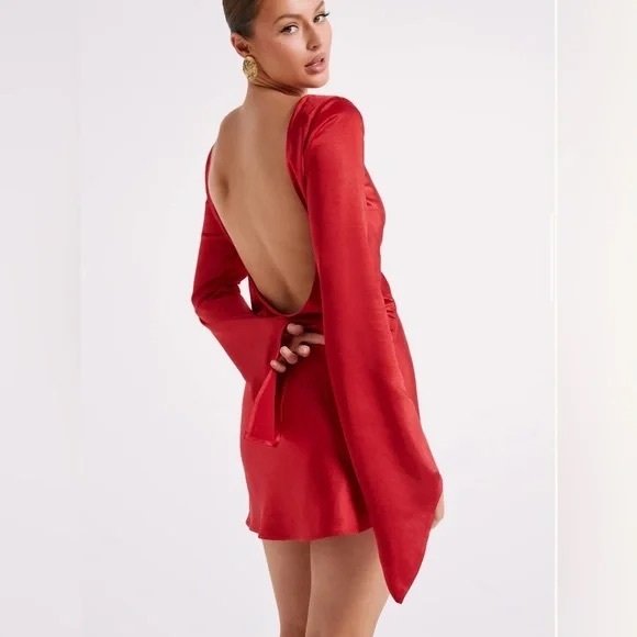 MESHKI Davina Red Satin Long Sleeve Open Back Mini Dress Small NWT - Picture 12 of 15